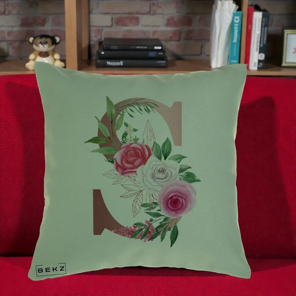 Cadou Personalizat - Perna Personalizata Monograma Rose Gold Litera S, 40x40 cm, Verde, Husa Detasabila, Perna Inclusa, BEKZ®