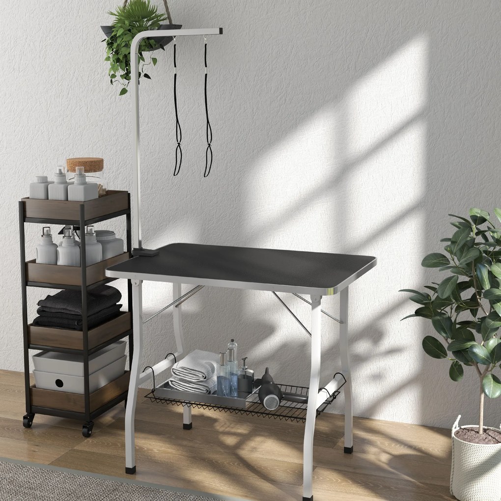 PawHut Masă de Îngrijire pentru Câini, Masă de Tuns cu braț reglabil, spațiu de depozitare, suprafață din cauciuc, 90 x 60 x 76 cm, Negru | Aosom Romania