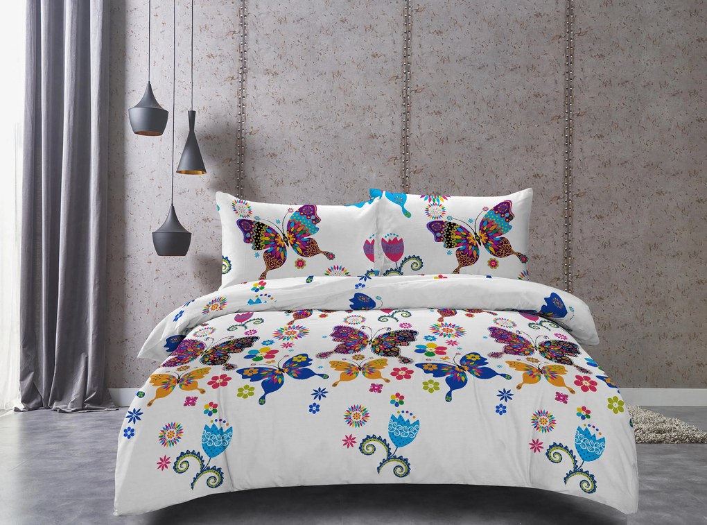 Lenjerie de pat din microfibra alb, COLORED BUTTERFLY