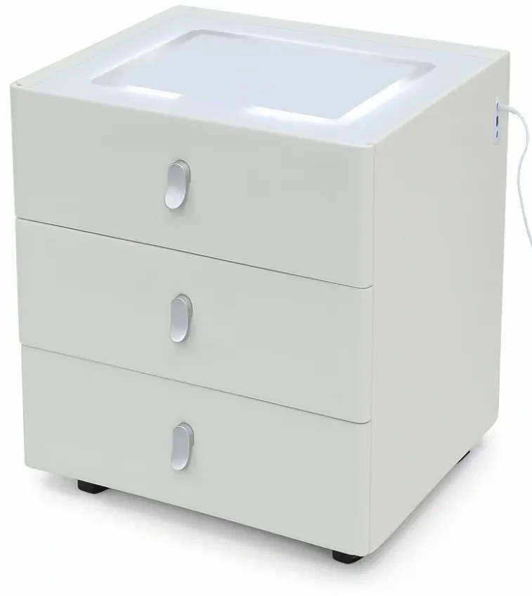 Noptieră inteligentă, încărcare Wireless și port USB+USB C, 3 sertare, 3 tipuri de iluminare LED touch, 3 tipuri de culoare, sticla securizata, Alb