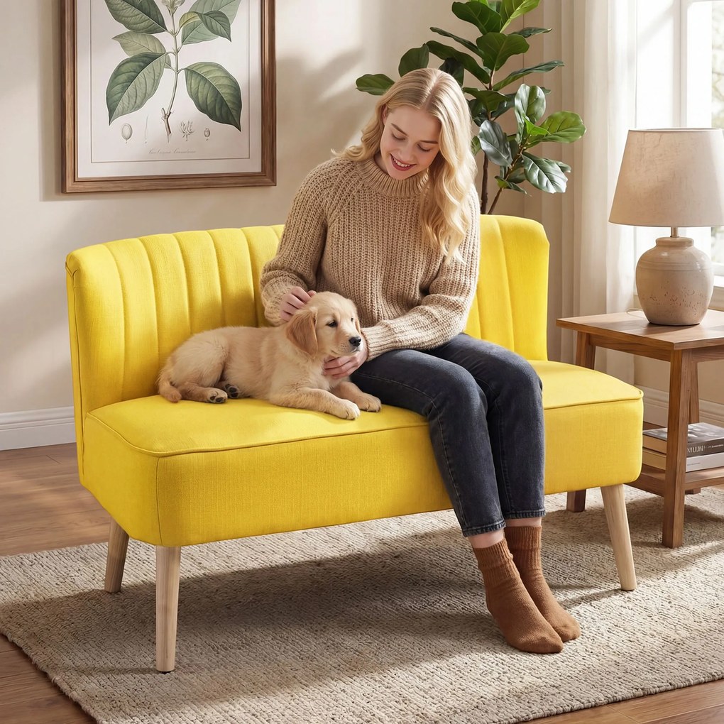 HOMCOM Canapea cu 2 Locuri din Țesătură, Fără Brațe, Canapea de Sufragerie cu Picioare din Lemn, 117x56,5x77 cm, Galben | Aosom Romania