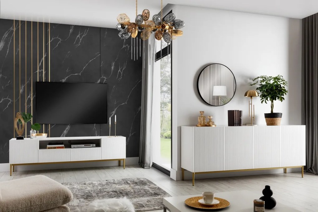 Comodă TV cu nișă și sertare Nicole 200 cm - alb mat / picioare aurii