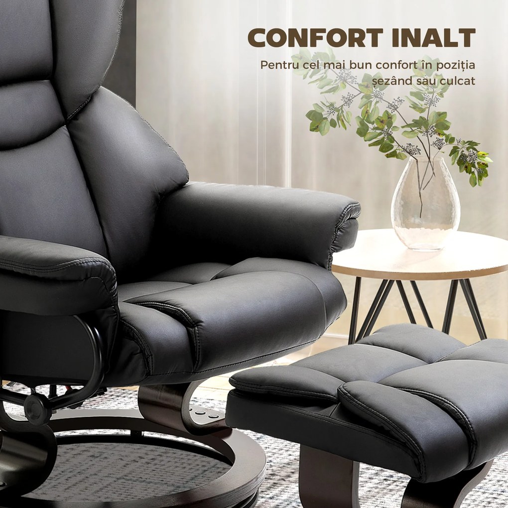 HOMCOM Scaun cu Puf Suport pentru Picioare și Funcție de Masaj, Reclinabil la 145° și Rotativ la 360°, Negru | Aosom Romania
