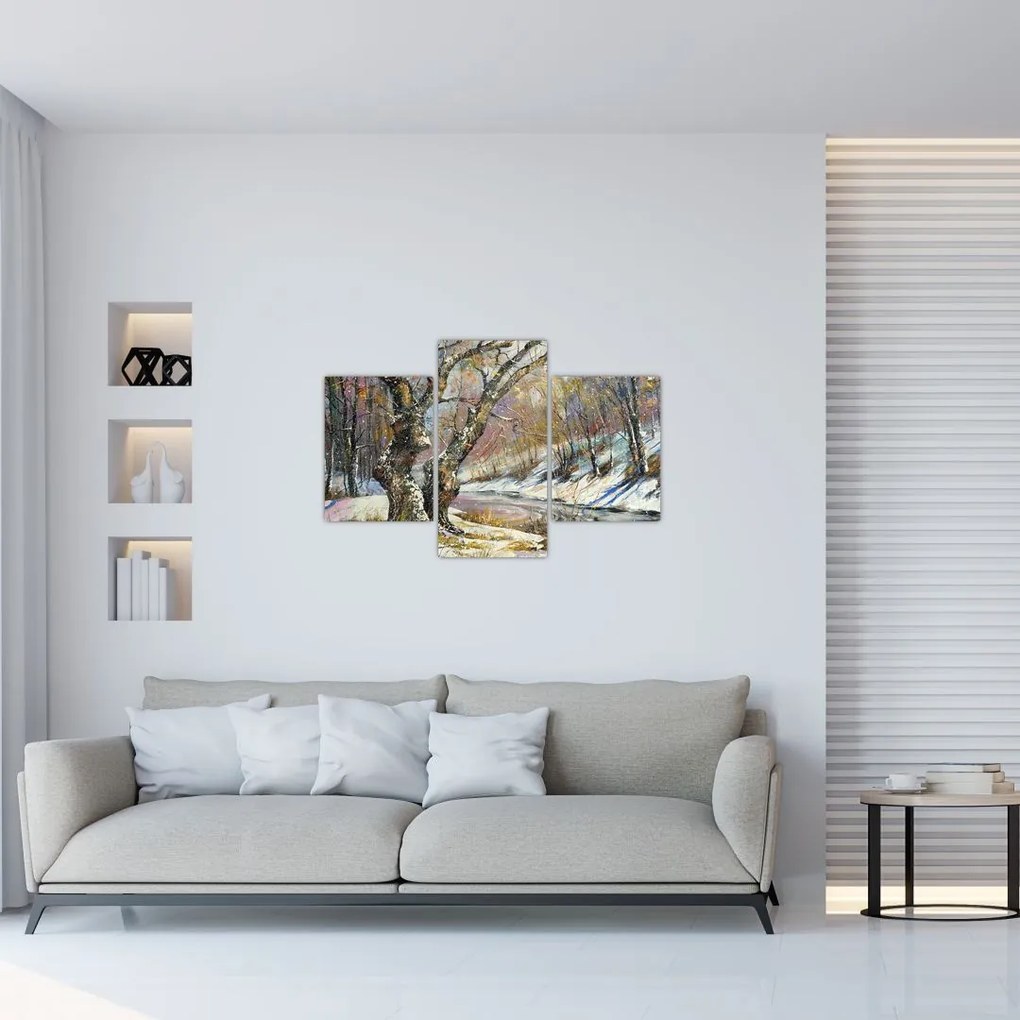 Tablou cu peisaj de iarnă pictat (90x60 cm)
