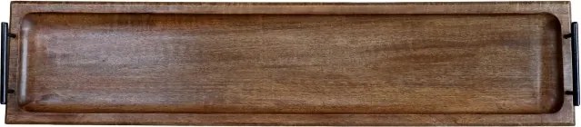 Platou de servire din lemn masiv de mango natur, lucrat manual, cu mânere metalice, 8x90x20 cm, „Tours"