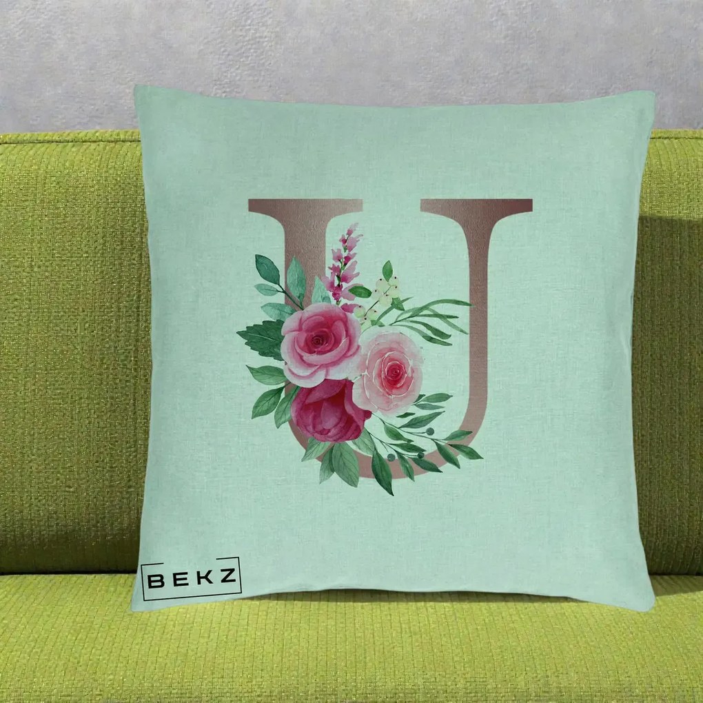 Cadou Personalizat - Perna Personalizata Monograma Rose Gold Litera U, 40x40 cm, Verde Menta, Husa Detasabila, Perna Inclusa, BEKZ®