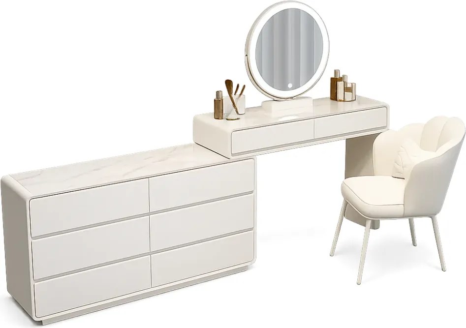 Set AUDREY ELEGANCE – Masă de Toaletă pentru Machiaj cu Oglindă iluminată LED, Control Touch, Comodă, Scaun, Alb
