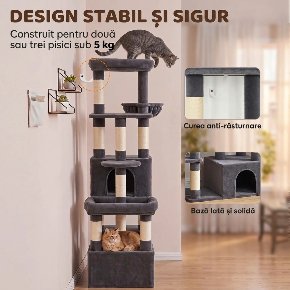 PawHut Ansamblu de Joacă pentru Pisici 180 cm, Multinivel, 13 Stâlpi de Zgâriat, 2 Grote, Hamac, 2 Culcușuri, Gri Închis | Aosom Romania