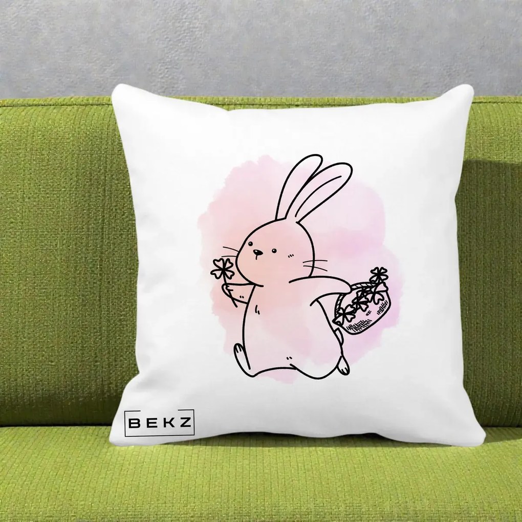 Perna Decorativa Iepuras Kawaii cu Cosulet Floral, 40x40 cm, Alba Mata, Husa Detasabila, Perna Inclusa, BEKZ®