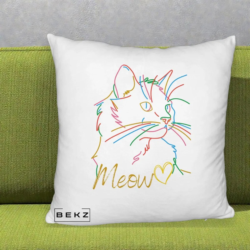 Perna Personalizata Pisica Meow Arta Linie Colorata, 40x40 cm, Alb Pufos, Husa Detasabila, Perna Inclusa, BEKZ®