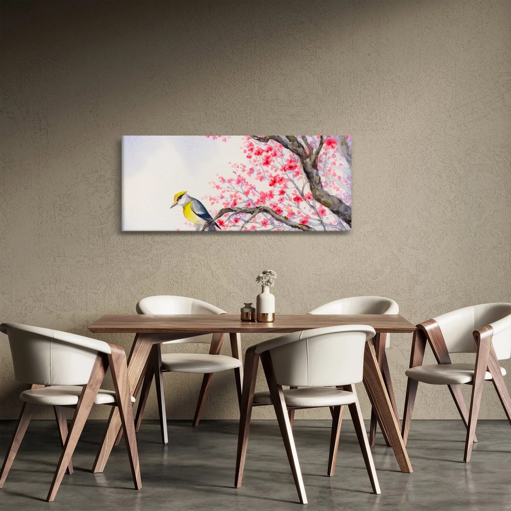 Tablou - Pasăre pe un copac cu flori roșii (120x50 cm)