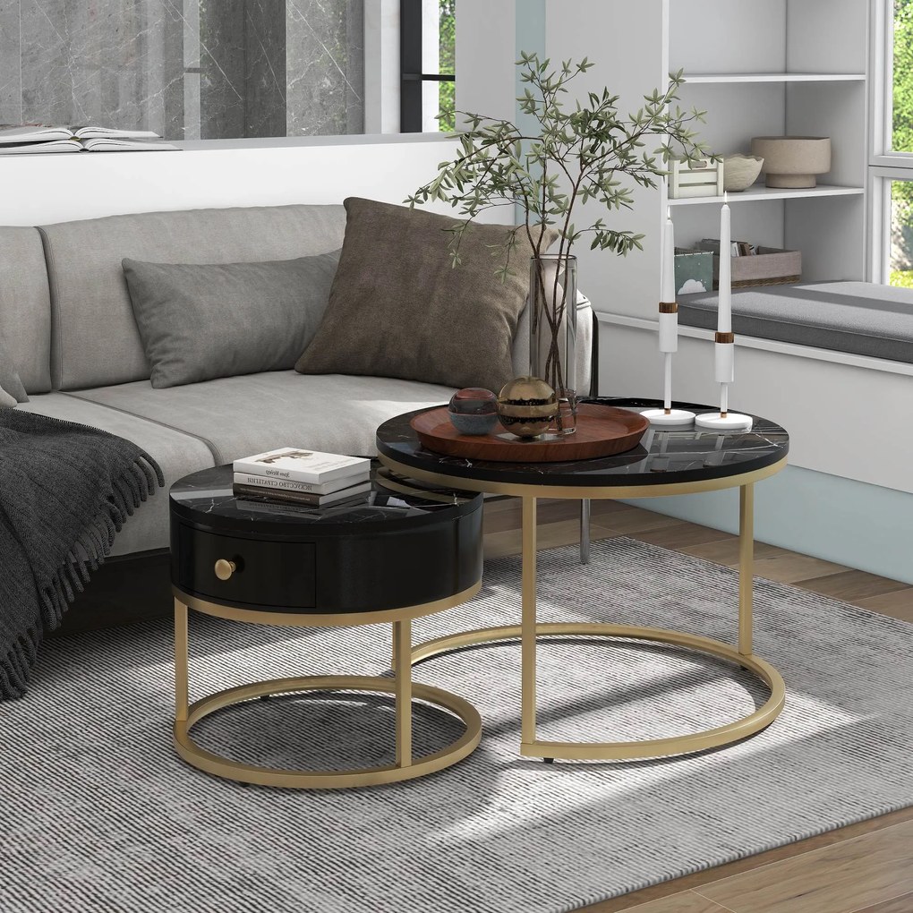 Set de 2 Măsuțe de Cafea Moderne Suprapuse cu Efect de Marmură Lucioasă, Structură din Metal, 70x70x48 cm și 50x50x43,5 cm, Negru