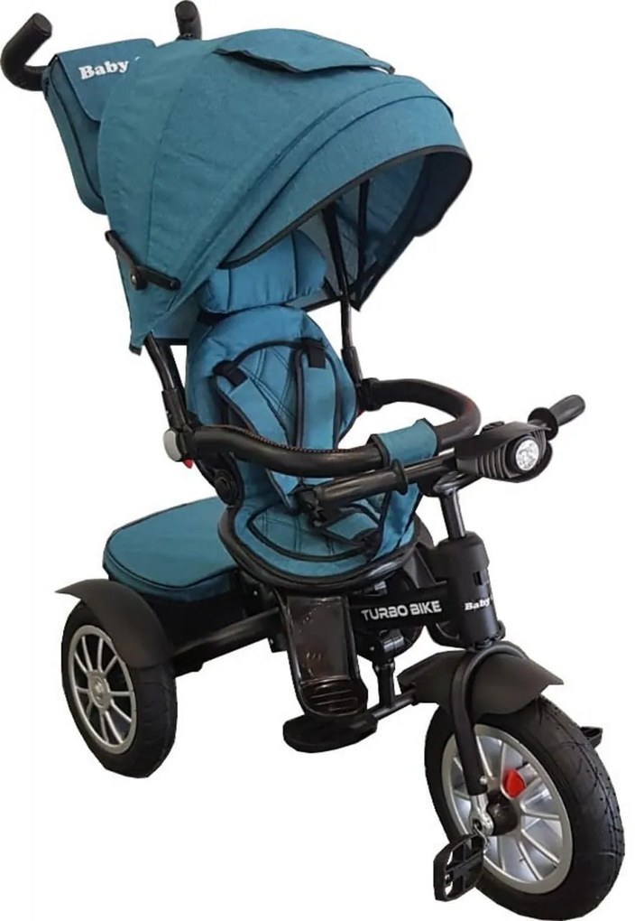 Tricicleta cu copertina Baby Care™ Turbo Bike , Cu melodii si lumini, Roti din cauciuc, Pozitie somn, Scaun reversibil cu rotatie 360 grade , Cadru