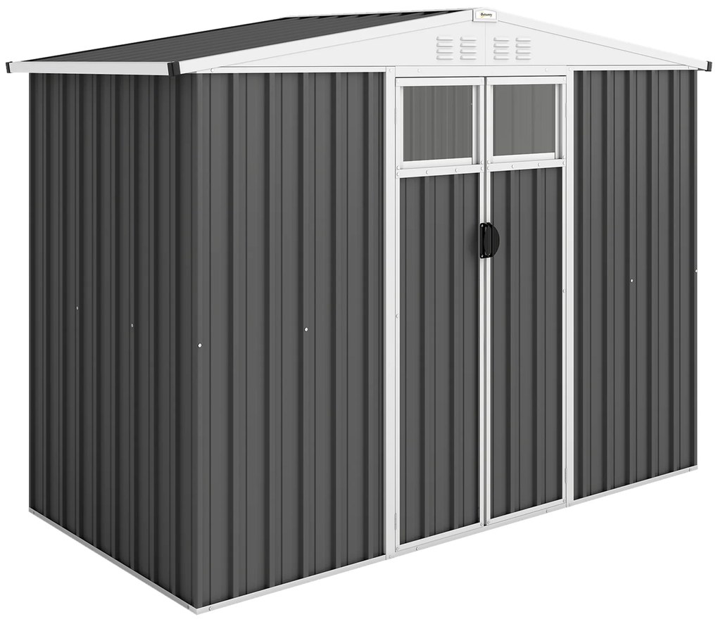 Outsunny Șopron de Grădină cu 4 Guri de Ventilație, 2 Ferestre și Acoperiș Înclinat, 246x117x161/180 cm, Gri Închis | Aosom Romania