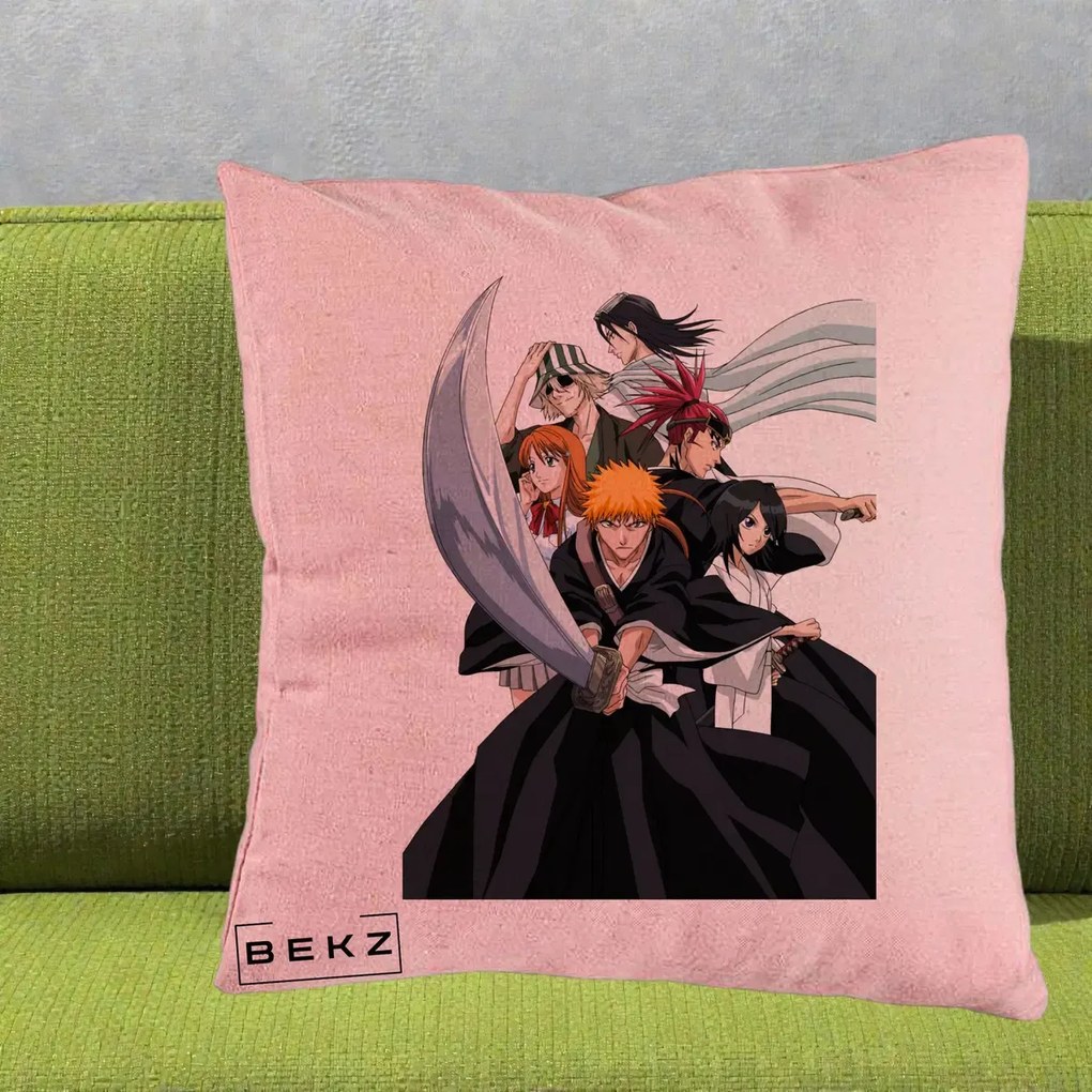 Perna Personalizata Bleach Grup Complet Ichigo si Prietenii, 40x40 cm, Roz, Husa Detasabila, Perna Inclusa, BEKZ®