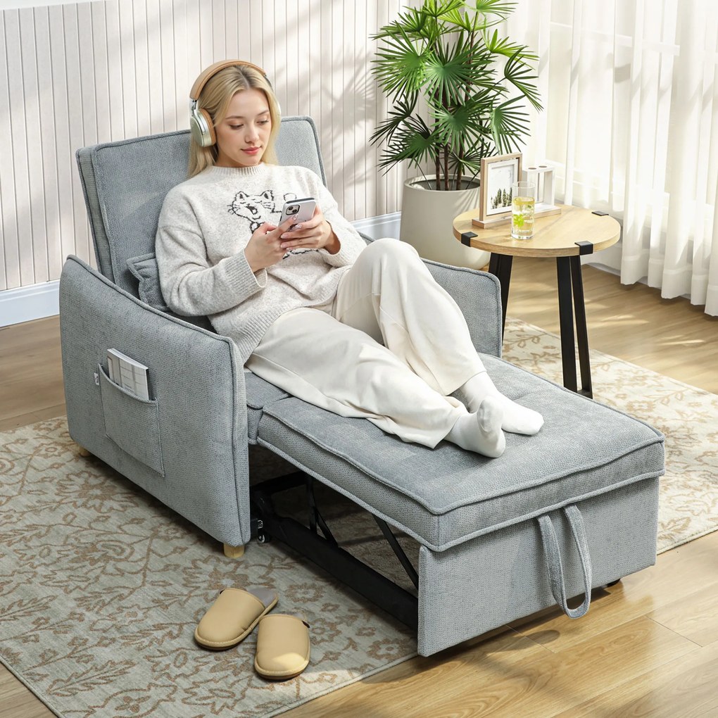 HOMCOM Fotoliu Pat 3 în 1 Pliabil, Spătar Reglabil 3 Poziții, Șezut Spațios, Pernă Detasabilă, Fotoliu Transformabil din Chenille cu Roți și Buzunare, 88x84x87 cm, Gri | Aosom Romania