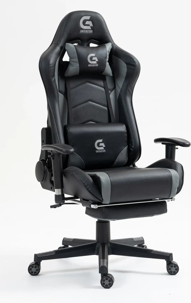 RESIGILAT- Scaun gaming cu masaj în perna lombară, suport picioare, piele PU, Negru/Gri