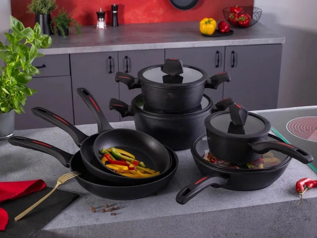 Set oale si tigai cu capace, marmorate, 10 piese Royalty Line RL-T10 negru, antiaderente