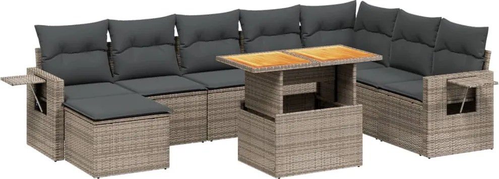 vidaXL Set canapele de grădină, 9 piese, cu perne, gri, poliratan