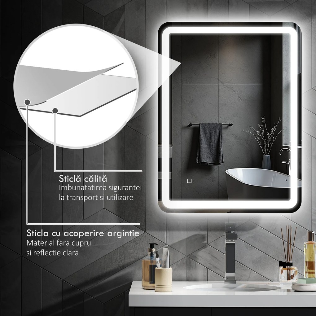 kleankin Oglinda pentru baie cu lumini LED, 70 x 50 cm | Aosom Romania
