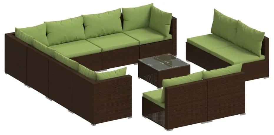 Set mobilier de gradina cu perne, 12 piese, maro, poliratan maro si verde, 3x colt + 8x mijloc + masa, 1