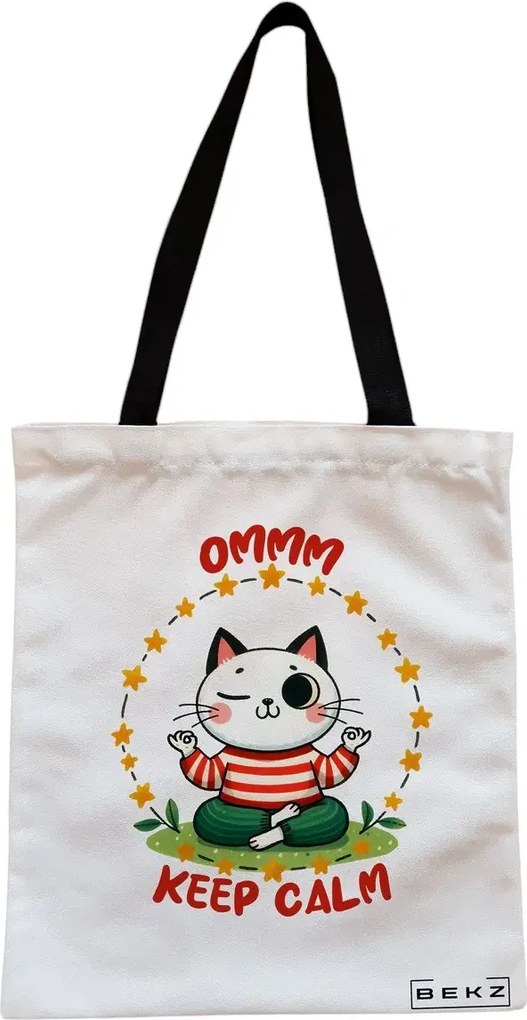 Sacosa de Panza pentru Cumparaturi, Geanta Tote, Yoga Ommm Keep Calm, Cu fermoar, 38x34.5 cm, Alba, BEKZ®