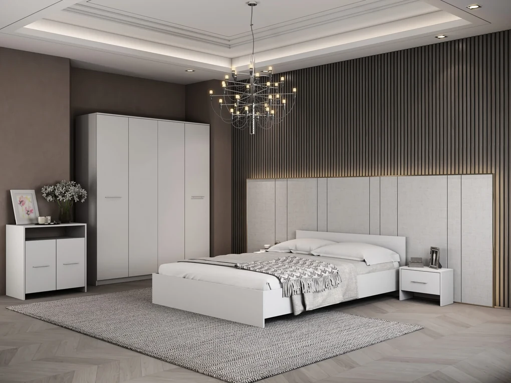 Dormitor Luiza 4U5P, culoare alb, cu pat standard 140 x 200 cm, dulap cu 4 usi, comoda si 2 noptiere