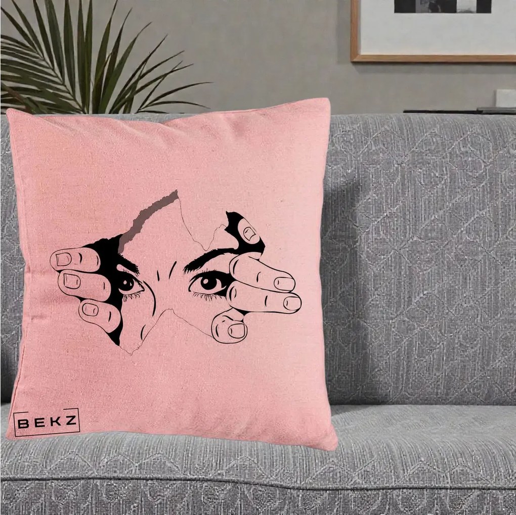 Perna Decorativa Ochi care Rup Suprafata, 40x40 cm, Roz, Husa Detasabila, Perna Inclusa, BEKZ®