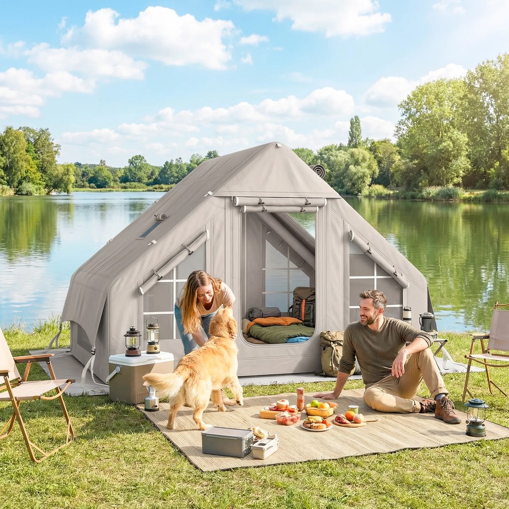 Outsunny Cort gonflabil 5–8 persoane, montare rapidă, 8000 mm impermeabil și rezistent la vânt cu pompă, racord pentru sobă, fereastră de acoperiș | Aosom Romania