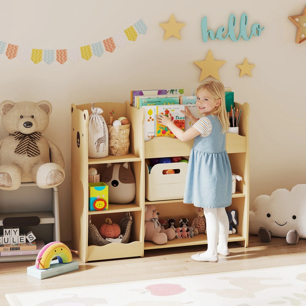 AIYAPLAY Raft pentru Jucării pentru Copii 3-8 Ani cu 7 Rafturi Deschise, Mobilier pentru Copii din MDF, 92x29x79 cm, Culoare Lemn | Aosom Romania