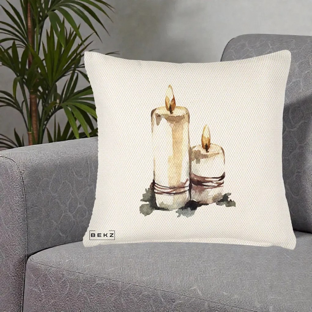 Perna Decorativa Lumanari Acuarela Iarna, 40x40 cm, Crem Reliefat, Husa Detasabila, Perna Inclusa, BEKZ®