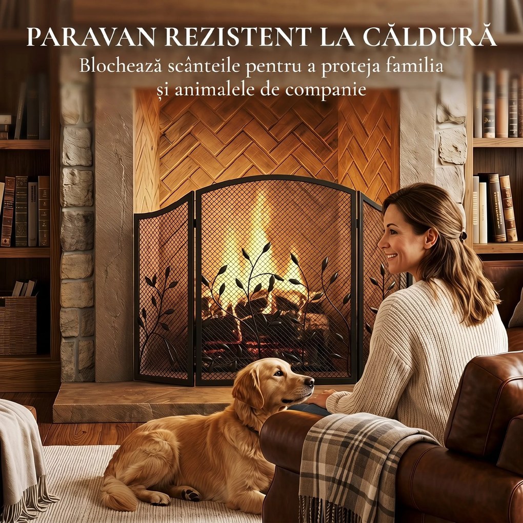 HOMCOM Parascântei Șemineu Pliabil cu 3 Panouri, Protecție Metalică Rezistentă la Căldură, 122x1x74 cm, Negru | Aosom Romania