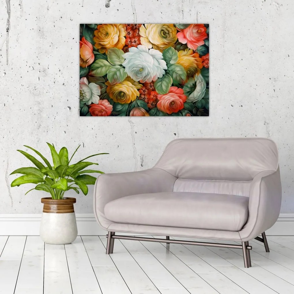 Tablou pe sticlă cu buchet pictat de flori (70x50 cm)
