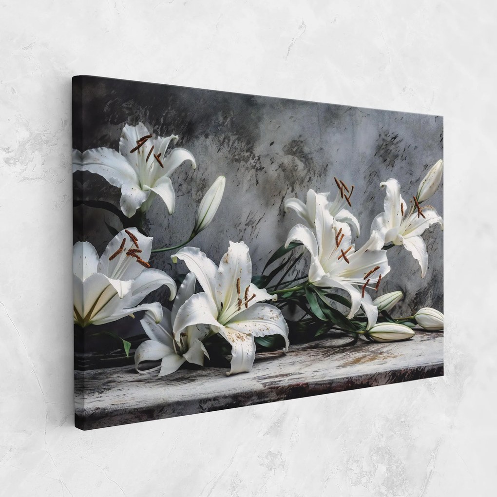 Tablou Canvas, 50x70cm, Dormitor si Living, Flori, Crini, White Pretty Lily On Grey