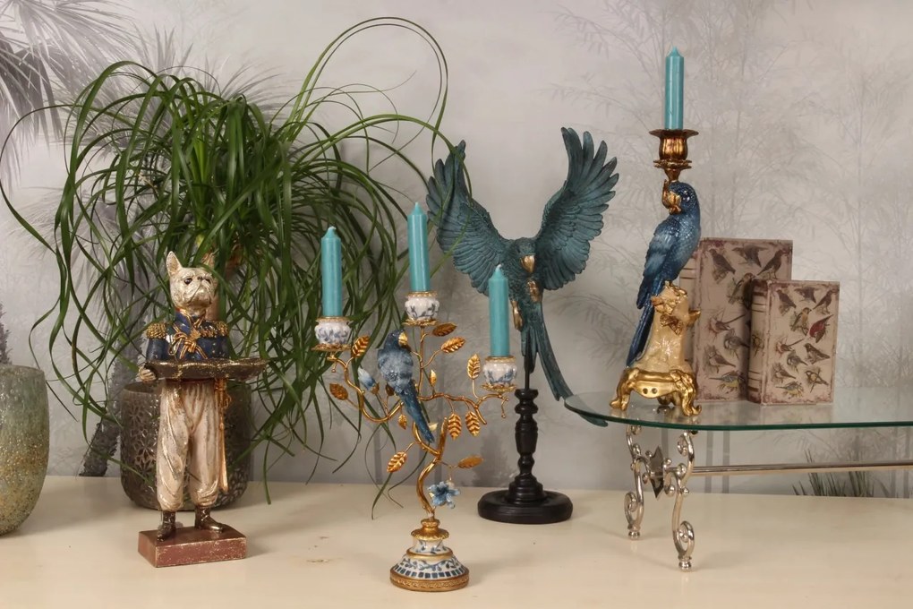 Statuetă decorativă din polirășină, albastru, papagal pe suport, 52,5 x 26,5 x 14,5 cm, „Lori”