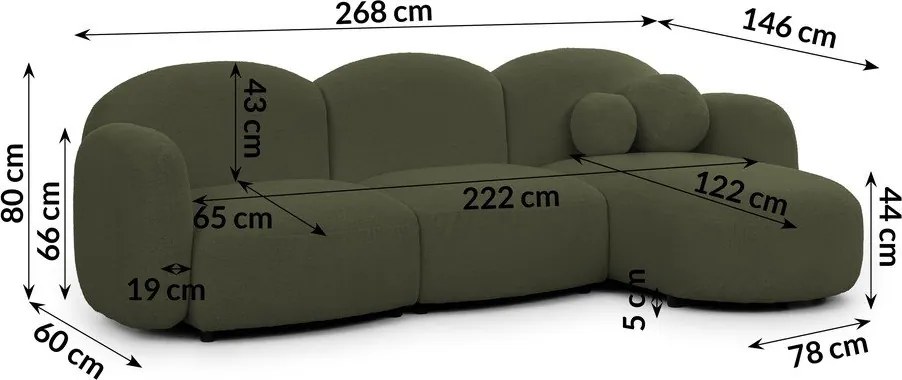 Colțar verde cu tapițerie din țesătură bouclé (cu colț pe partea dreaptă/cu șezlong) Orbit – Ropez