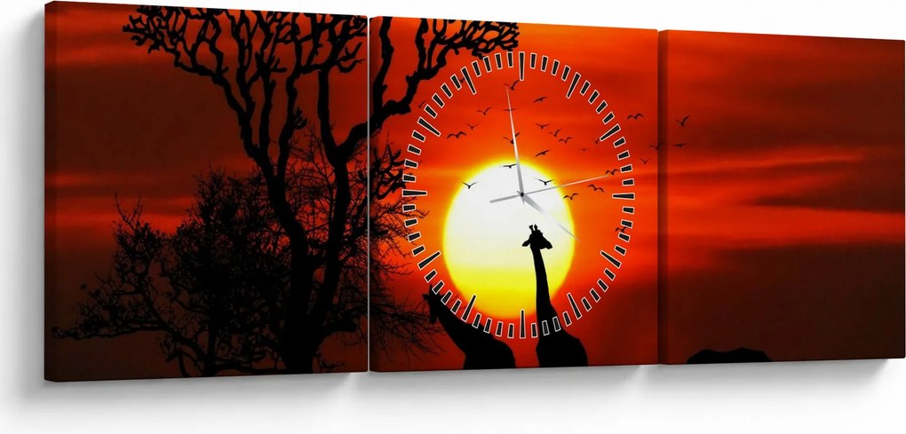 Tablou - Siluete animalelor la apus de soare (cu ceas) (90x30 cm)