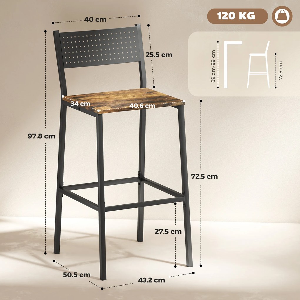 HOMCOM Set 2 Scaune Bar Stil Industrial cu Spătar și Suport pentru Picioare Maro | Aosom Romania