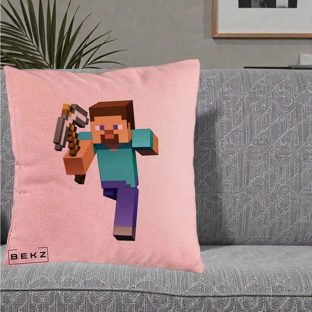 Perna Personalizata Minecraft Steve, 40x40 cm, Roz, Husa Detasabila, Perna Inclusa, BEKZ®