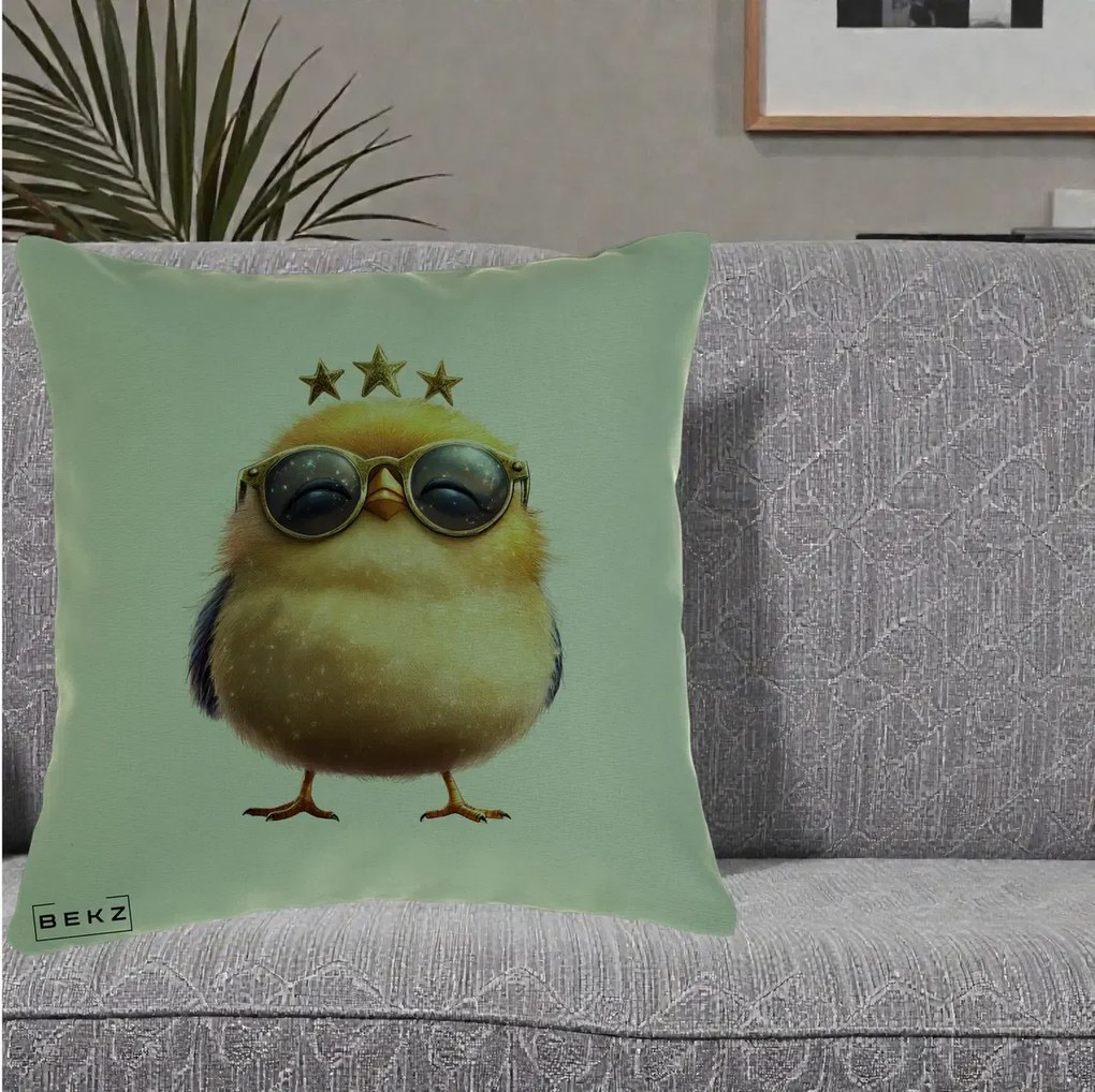 Perna Decorativa Pui Gold Star cu Ochelari Aurii, 40x40 cm, Verde, Husa Detasabila, Perna Inclusa, BEKZ®