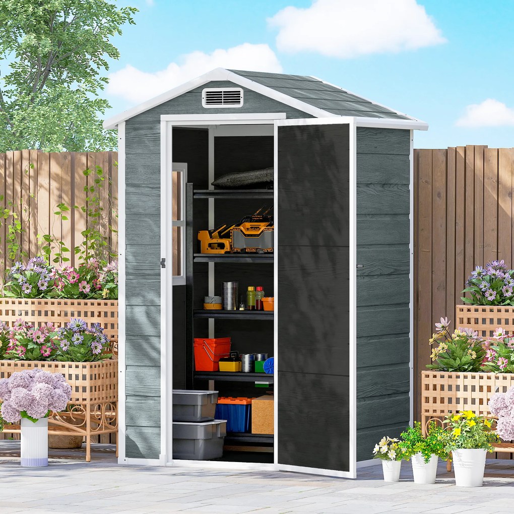 Outsunny Adăpost de grădină din plastic 1,28 x 1,04 m cu podea, uşă încuiabilă, fereastră şi ventilaţie, gri patinat | Aosom Romania