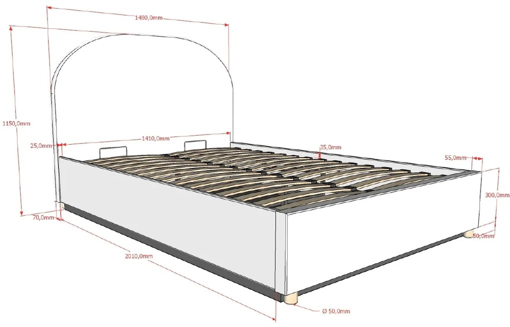 Pat tapițat pentru copii MOON, 140 x 200 cm, roz, cu țesătură bouclé și spațiu de depozitare – Vipack