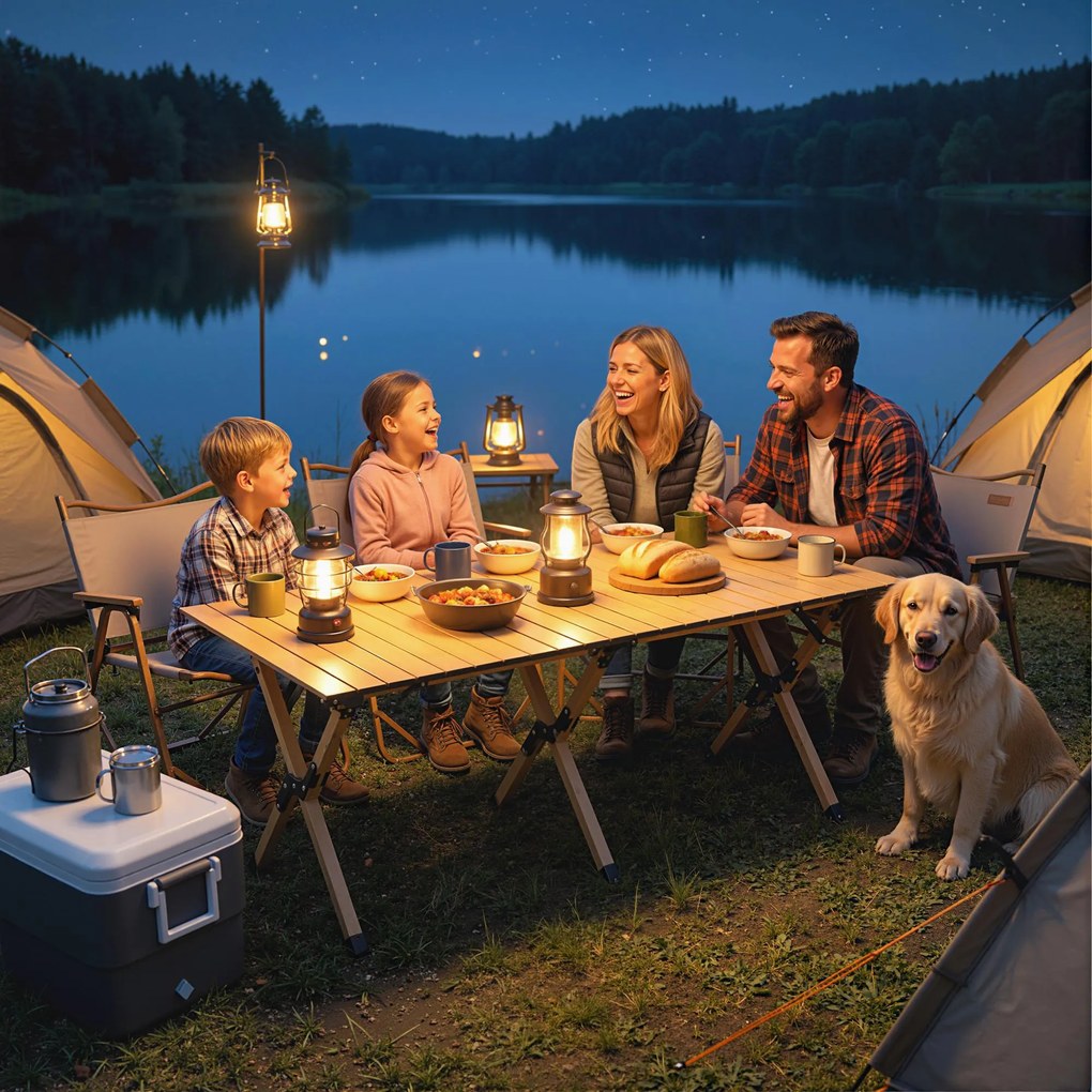 Outsunny Masă de camping 117 x 60 cm, masă pliantă din aluminiu cu blat rulabil aspect lemn, husă de transport, impermeabilă | Aosom Romania