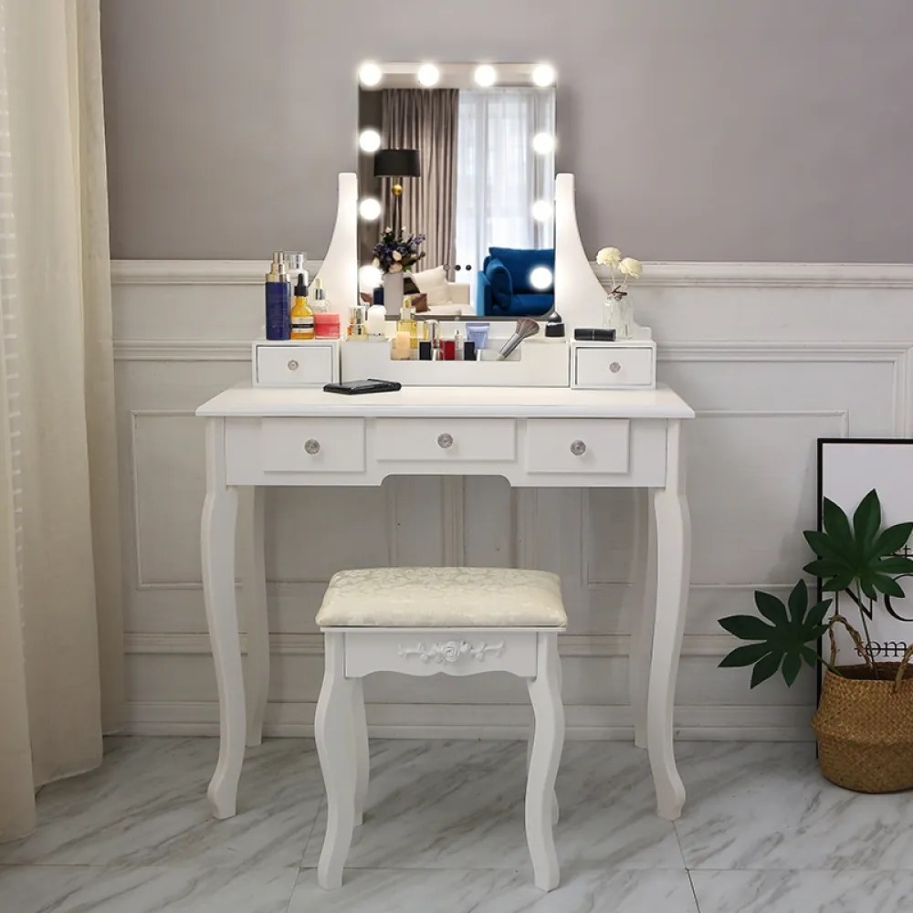 Set Henrieta, Masă de toaletă cu oglindă iluminată LED, control touch, 5 sertare, scaun, Alb,