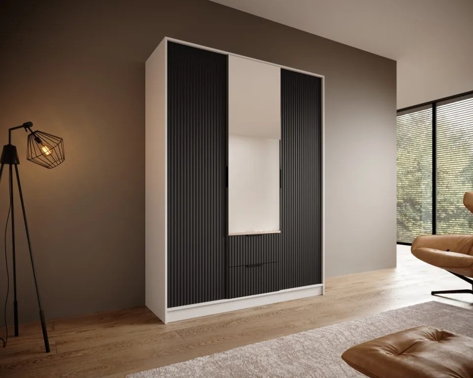 Dulap cu trei usi si oglinda, Norel, ADRK Furniture (Culoare: Negru, Dimensiuni: 150x200 cm)