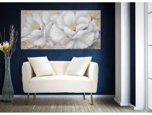 Tablou decorativ alb / auriu din lemn de pin si panza, 140 x 3,7 x 70 cm, Flower Mauro Ferreti