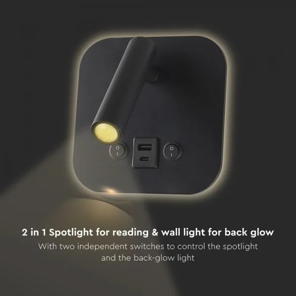 Aplica spot LED de perete cu port USB, 8W, 230V, 3000K, negru
