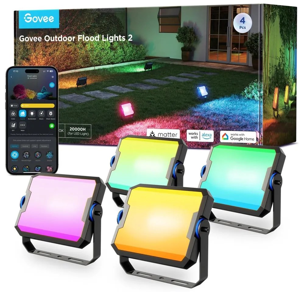 Govee - Set de 4 proiectoare LED RGBICWW reglabile, 24W/230V, IP66, compatibile Matter, Wi-Fi