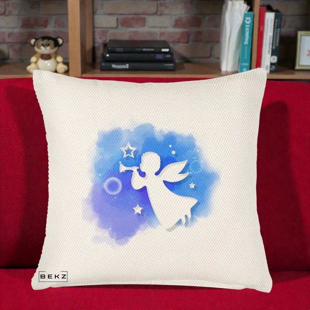 Perna Decorativa Inger cu Trompeta Albastru, 40x40 cm, Crem Reliefat, Husa Detasabila, Perna Inclusa, BEKZ®