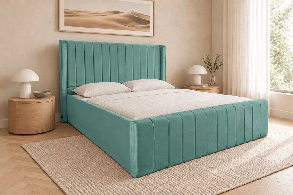 Pat tapițat din catifea Aurelia Simple 120×200 cm, verde marin, cu ladă de depozitare